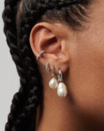 Baroque Pearl Drop Tunnel Mini Hoop Earrings | Sterling Silver - Image 2