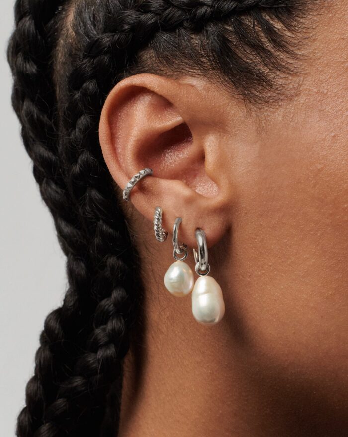 Baroque Pearl Drop Tunnel Mini Hoop Earrings | Sterling Silver - Image 2