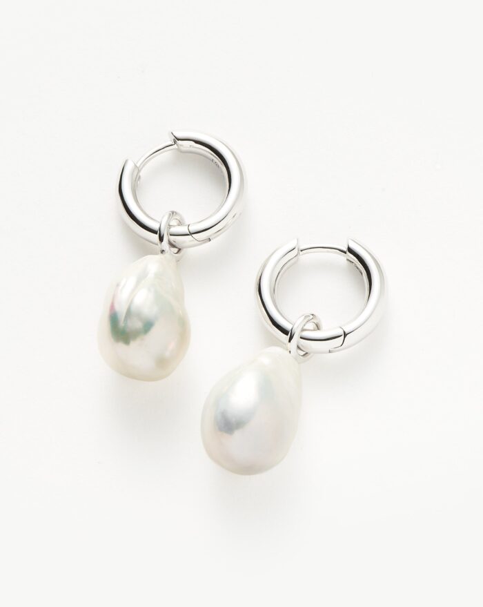 Baroque Pearl Drop Tunnel Mini Hoop Earrings | Sterling Silver - Image 1